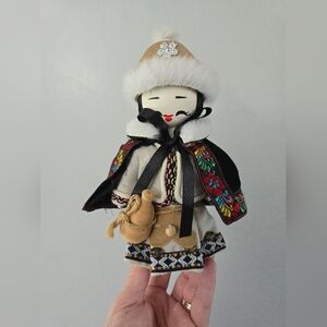 Asian Chinese Mongolian Beaded Ethnic Costume Wood Head Spool Male Doll 8"